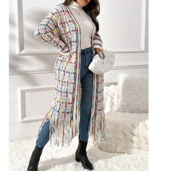 Plus Multicolor Fringe Hem Open Front Long Cardigan - Picture 2 of 7